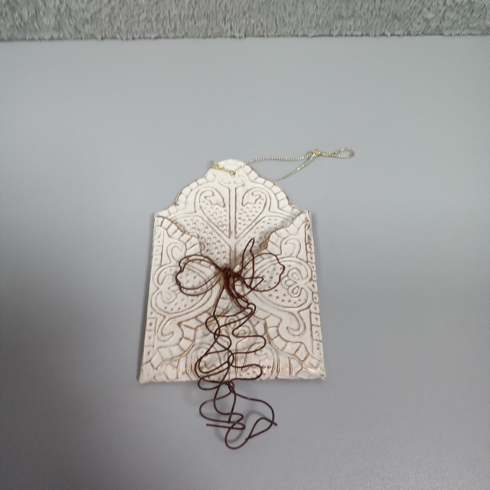 White Ceramic Envelope‎ Ornament Distressed Gold Embossed Scroll Wire Bow 5.5"